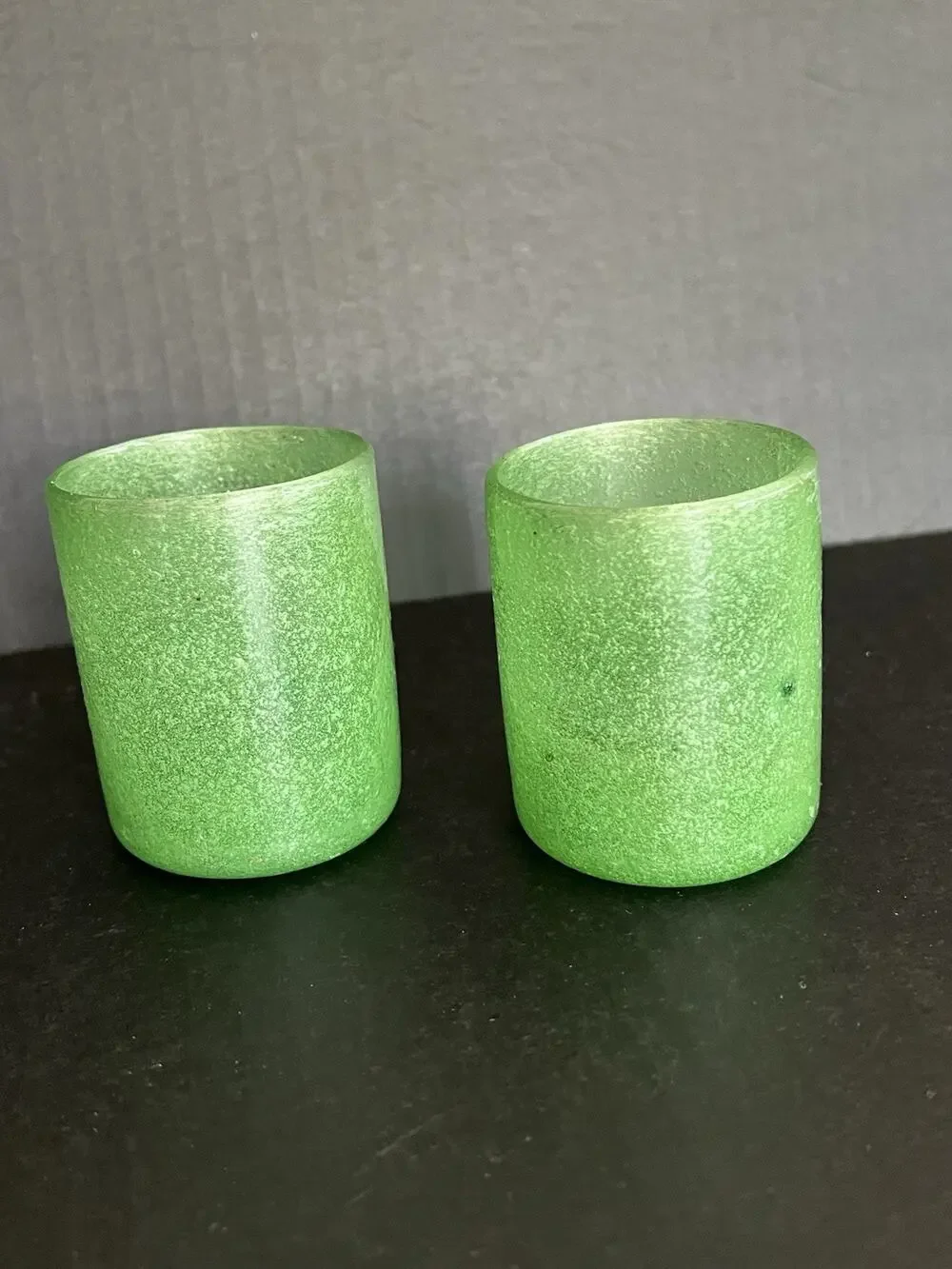 Hand Blown Green Votive Candle Holder Art Glass Bubble Glass Set Of 2 Jade 3”